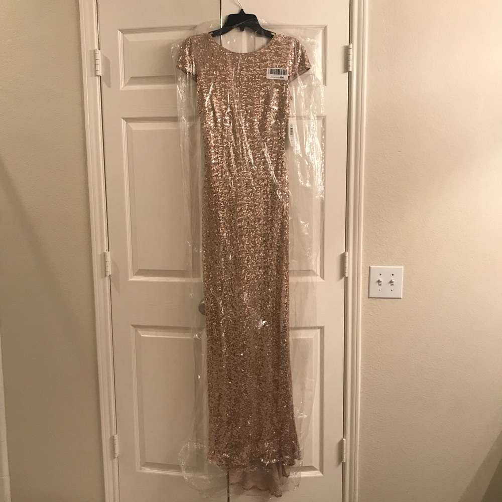 Badgley Mischka blush gold sequin cowl back gown - Picture 2 of 6